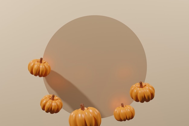 Render 3D de marco de calabaza naranja con un círculo beige y fondo de marfil