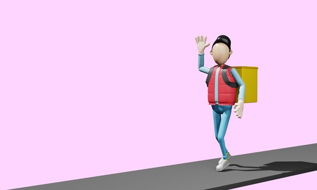 render 3d Un mensajero con una bolsa sobre los hombros camina por la carretera y saluda con la mano