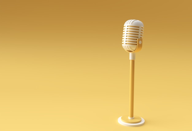 Render 3D Micrófono retro en pata corta y soporte, plantilla de modelo de premio de música, karaoke, radio y equipo de sonido de estudio de grabación.