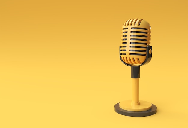 Render 3D Micrófono retro en pata corta y soporte, plantilla de modelo de premio de música, karaoke, radio y equipo de sonido de estudio de grabación.