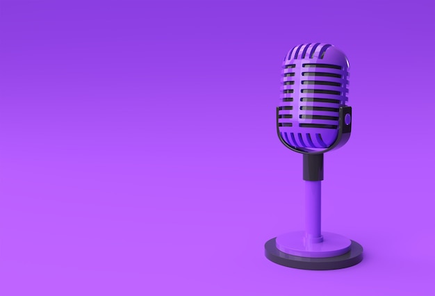 Foto render 3d micrófono retro en pata corta y soporte, plantilla de modelo de premio de música, karaoke, radio y equipo de sonido de estudio de grabación.