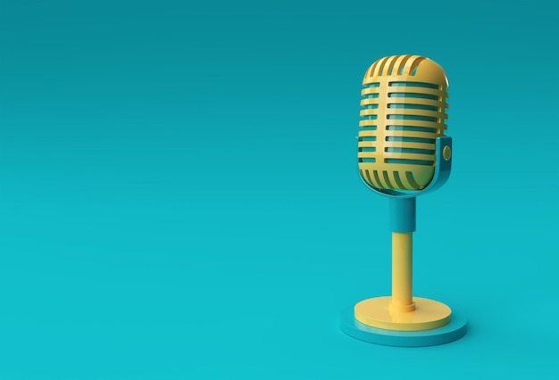 Render 3D Micrófono retro en pata corta y soporte, plantilla de modelo de premio de música, karaoke, radio y equipo de sonido de estudio de grabación.