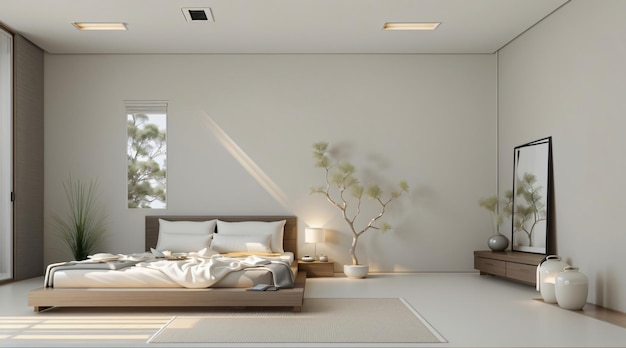 Render 3d minimalista de la habitación japonesa del jardín zen