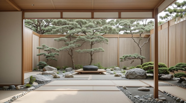 Render 3d minimalista de la habitación japonesa del jardín zen