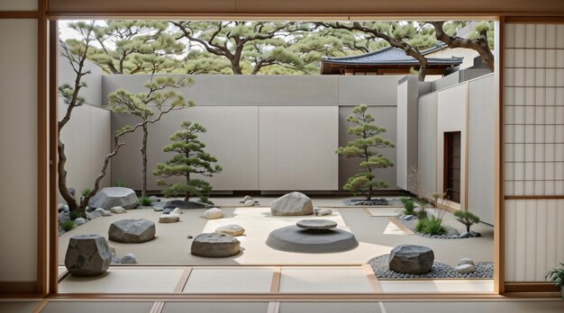 Render 3d minimalista de la habitación japonesa del jardín zen