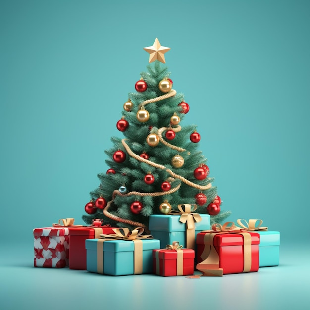 Render 3D mínimo Feliz árbol de Navidad y regalos