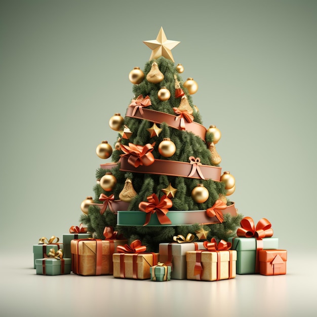 Render 3D mínimo Feliz árbol de Navidad y regalos