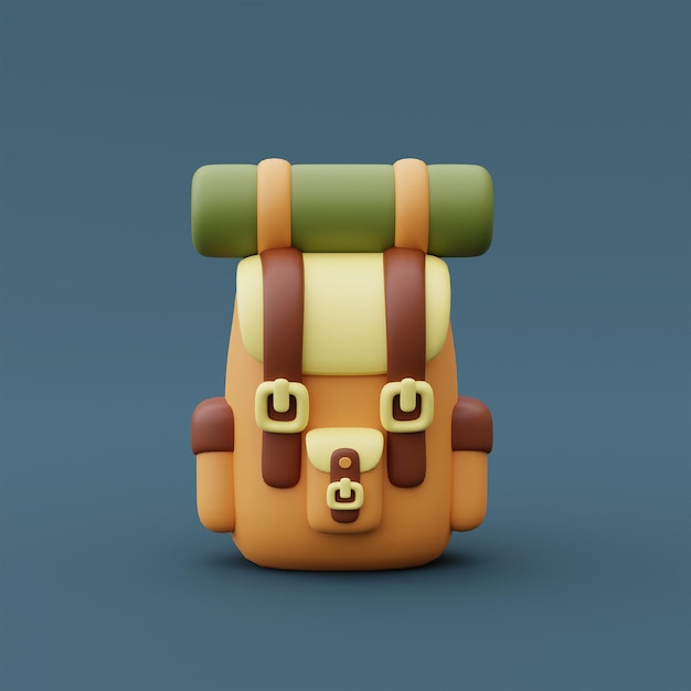 Render 3d de mochila turística y almohadilla para dormir aislada sobre fondo azul, equipo de camping, concepto de vacaciones de vacaciones. estilo minimalista.