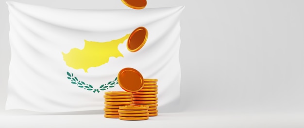 Render 3D de monedas de oro y bandera de Chipre. Negocios en línea y comercio electrónico en concepto de compras web. Transacción segura de pago en línea con teléfono inteligente.