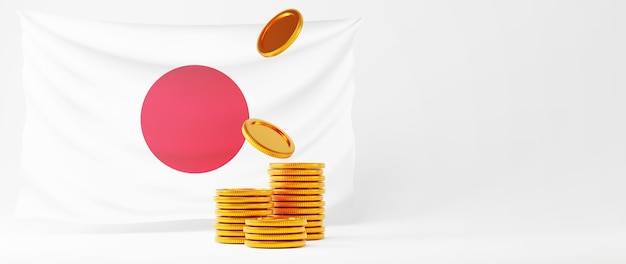 Render 3D de monedas de oro y bandera de Japón. Compras en línea y comercio electrónico en concepto de negocio web. Transacción segura de pago en línea con teléfono inteligente.