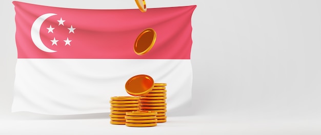 Render 3D de monedas de oro y la bandera de Singapur. Negocios en línea y comercio electrónico en concepto de compras web. Transacción segura de pago en línea con teléfono inteligente.