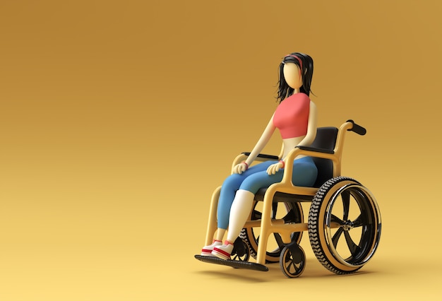 Render 3D Mujer sentada en silla de ruedas Diseño de ilustración 3d.