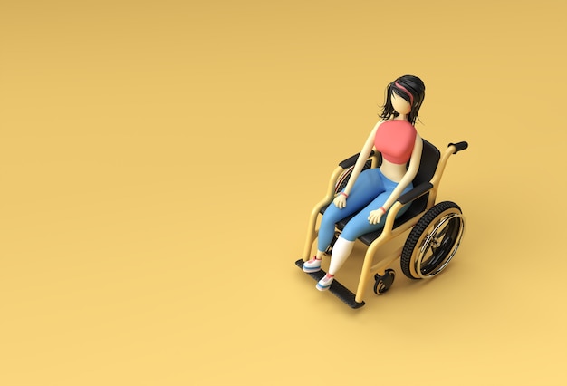 Render 3D Mujer sentada en silla de ruedas Diseño de ilustración 3d.