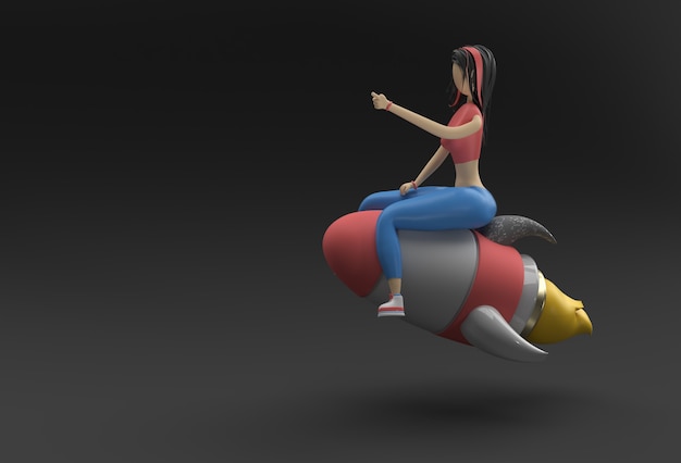 Render 3D Mujer volando con cohete Diseño de ilustración 3d.