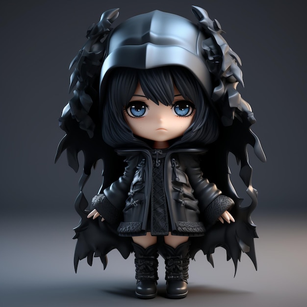 Render 3D de una muñeca con pelo negro y ropa negra.