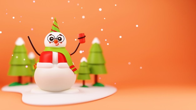 Render 3D de muñeco de nieve con vaso con bufanda, árboles de Navidad borrosos sobre fondo naranja nevadas.