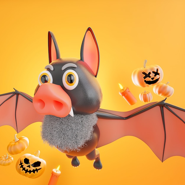 Render 3D de murciélago volando con concepto de halloween, calabaza, vela sobre fondo naranja