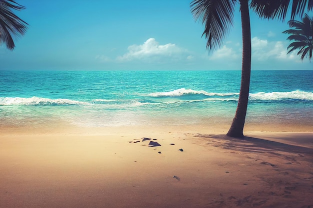 Render 3D de la naturaleza playa tropical mar con palmeras y el océano Hermosa playa agua de mar azul