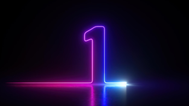 Render 3D de neón número uno que brilla en la oscuridad con luz ultravioleta rosa azul gradiente rayo láser