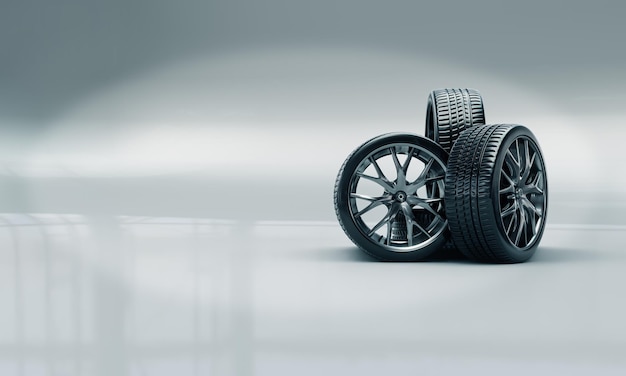 Foto render 3d de neumáticos de caucho en llantas de acero fundido concepto de venta de ruedas talleres de reparación de automóviles