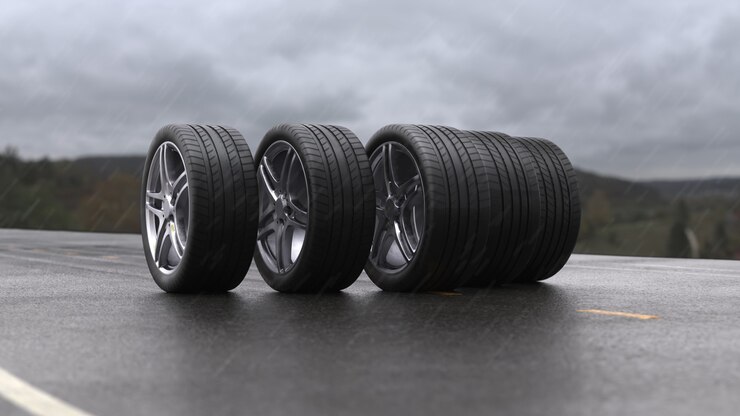 Render 3D de neumáticos de coche rodando sobre asfalto mojado bajo la lluvia con una tormenta eléctrica en 4k