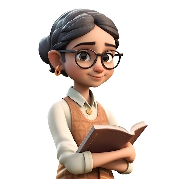 Foto render 3d de una niña con gafas leyendo un libro