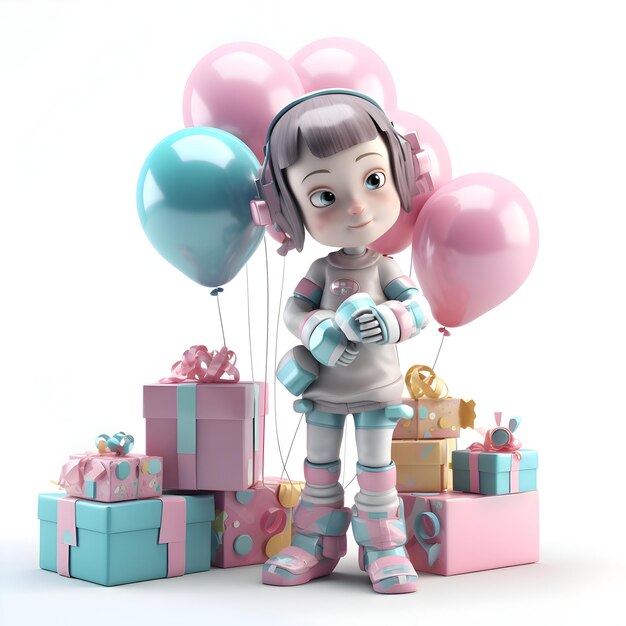 Render 3D de una niña con globo y cajas de regalo