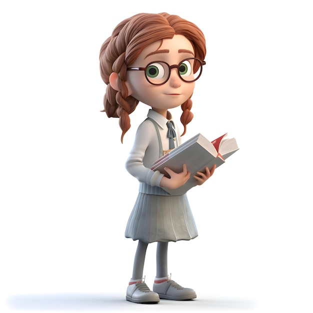 Render 3D de una niña con libro y anteojos