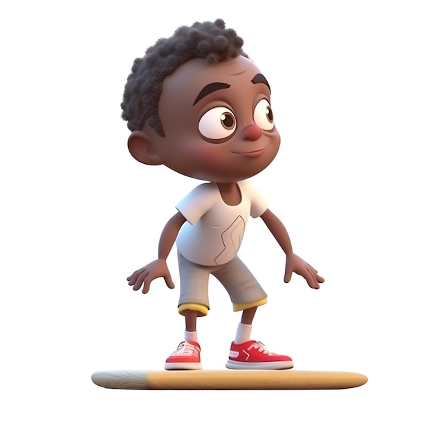 Render 3D de un niño afroamericano con patineta