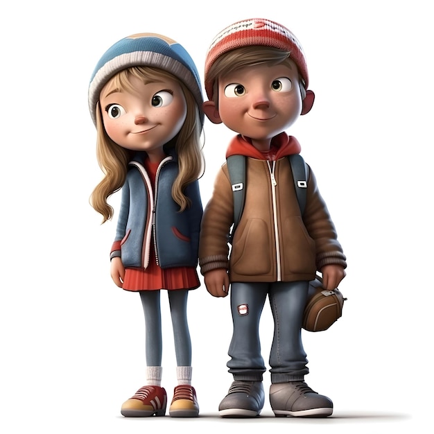 Render 3D de un niño y una niña con ropa de invierno