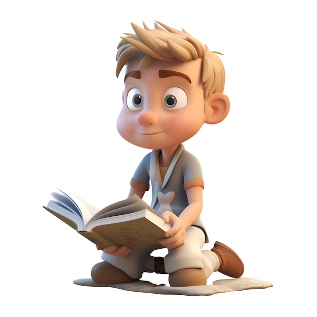 Render 3D de un niño pequeño con libro aislado en blanco