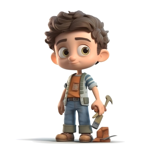 Render 3D de un niño pequeño con un martillo y una pala