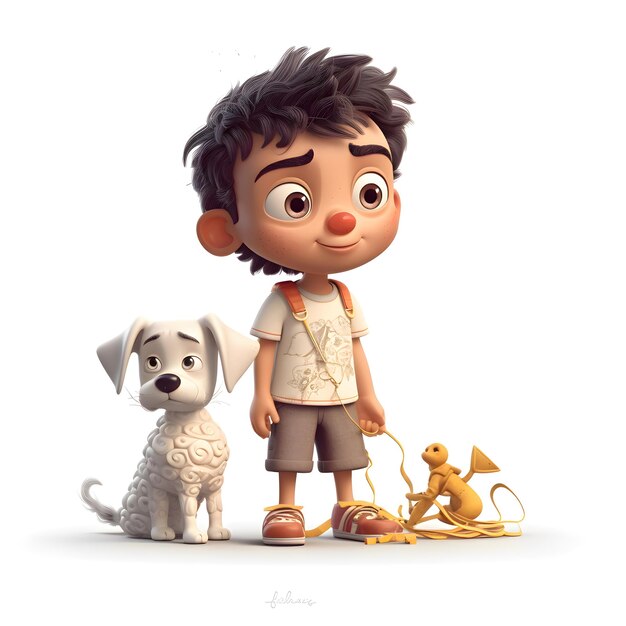Render 3D de un niño pequeño con su perro y su cachorro