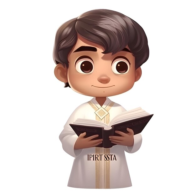 Render 3D de un niño con una Santa Biblia sobre un fondo blanco