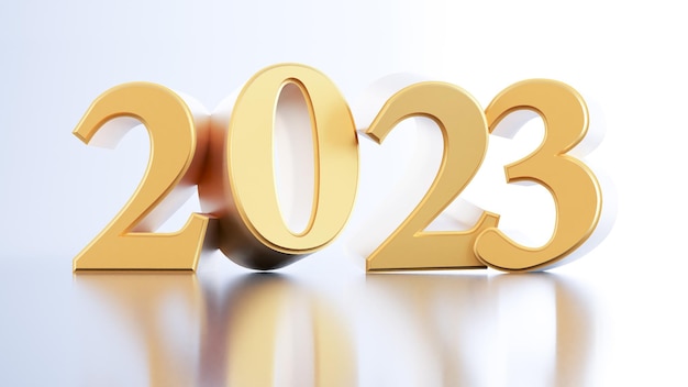 Render 3D de oro 2023 aislado sobre fondo blanco concepto de feliz año nuevo