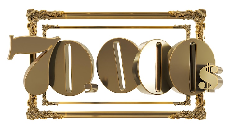 Foto render 3d de oro 70.000 dólares en un marco dorado aislado en un fondo transparente dorado setenta mil dólares