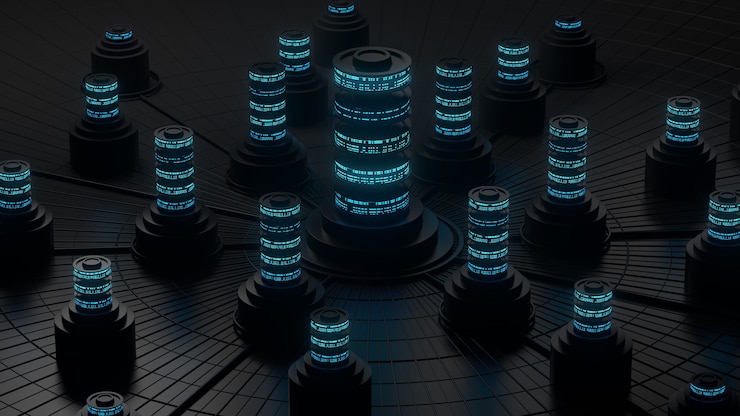 Foto render 3d oscuro del concepto de almacenamiento abstracto. procesamiento de centralización de datos o servidor.