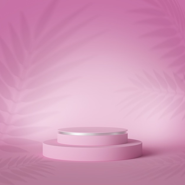 Render 3D, palma suave abstracta deja sombras sobre fondo rosa con espacio de copia para mostrar el producto.