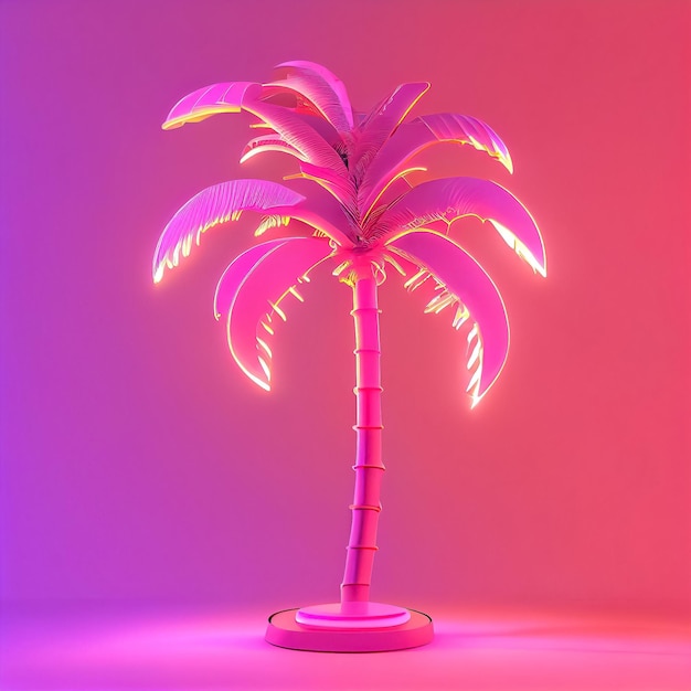 Render 3d de palmera brillante de neón rosa sobre fondo rosa