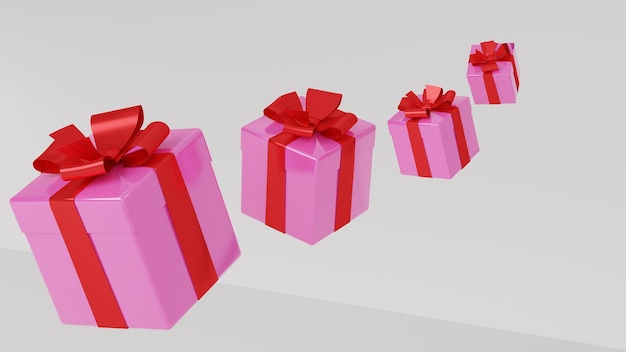 Render 3D de una pancarta con cajas de regalo Cajas de regalo de Navidad con lazos sobre un fondo blanco