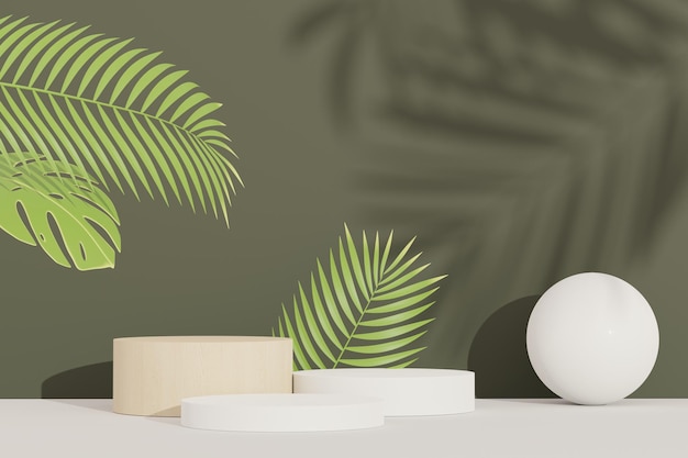 Render 3D de la pantalla del podio de pedestal abstracto con hojas de Tropical Monstera. Concepto de producto y promoción para publicidad. Fondo natural verde.