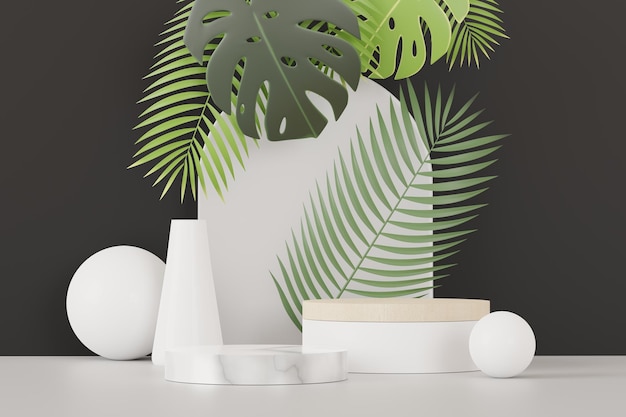 Render 3D de la pantalla del podio de pedestal abstracto con hojas de Tropical Monstera. Concepto de producto y promoción para publicidad. Fondo natural verde.