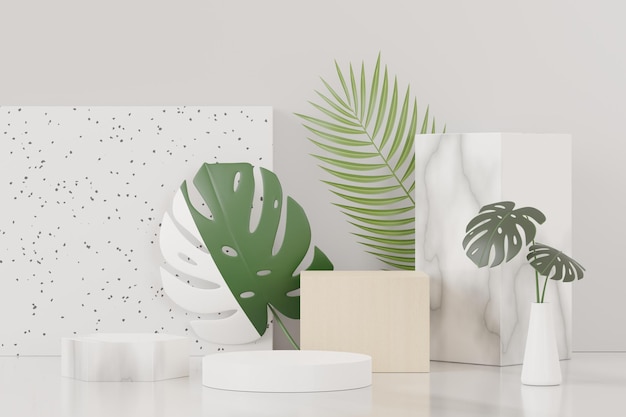 Render 3D de la pantalla del podio de pedestal abstracto con hojas de Tropical Monstera. Concepto de producto y promoción para publicidad. Fondo natural verde.