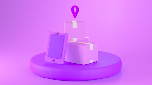 Render 3D de paquetes de color púrpura, teléfono inteligente e icono de ubicación en un podio aislado sobre fondo púrpura
