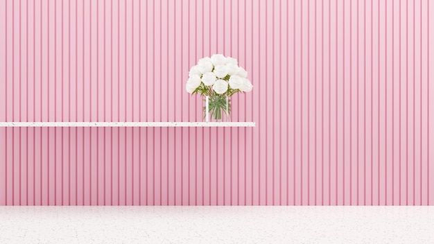 Foto render 3d pared de listones de madera rosa con suelo de terrazo blanco wh