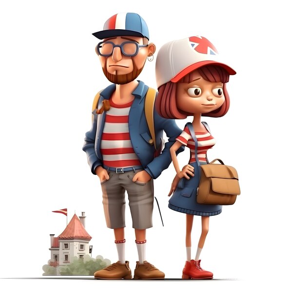 Render 3D de una pareja hipster con mochila