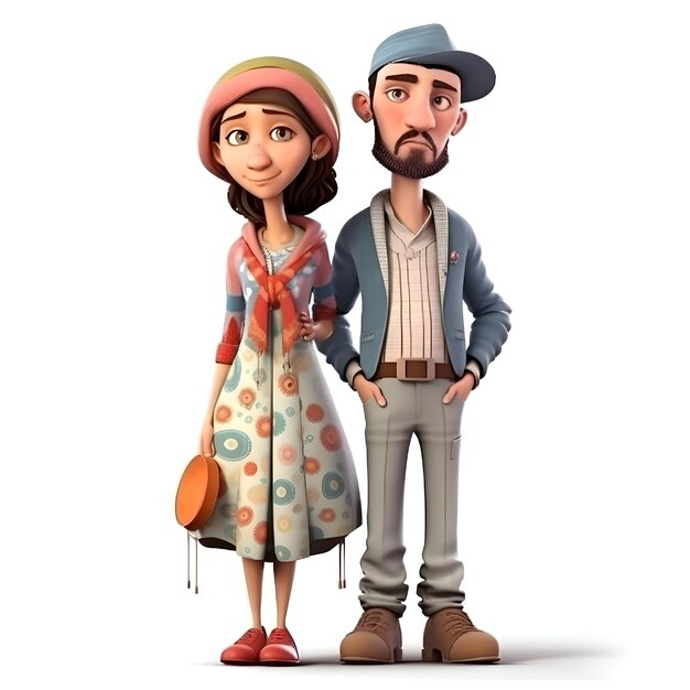 Render 3D de una pareja Hipster con sombrero y bolso