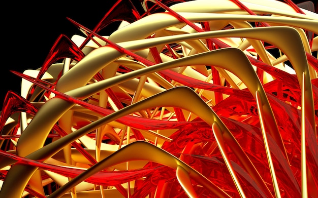 Render 3D de la parte abstracta del mecanismo del motor de turbina con álabes rotados en oro y materiales de vidrio rojo sobre fondo negro