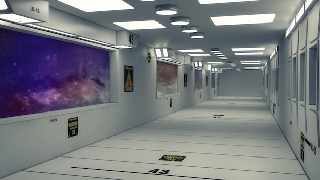 Render 3D Pasillo interior de nave espacial futurista
