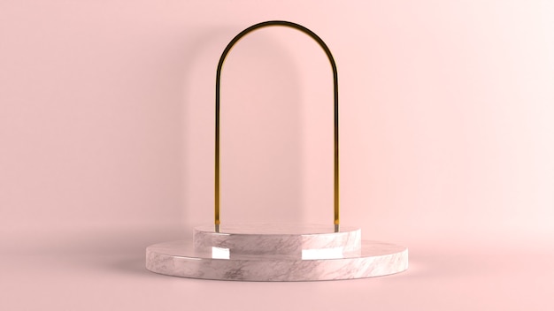 Render 3D de pasos de pedestal de mármol blanco negro aislados sobre fondo pastel, anillo dorado, marco redondo, concepto mínimo, espacio en blanco, diseño simple y limpio, maqueta minimalista de lujo.